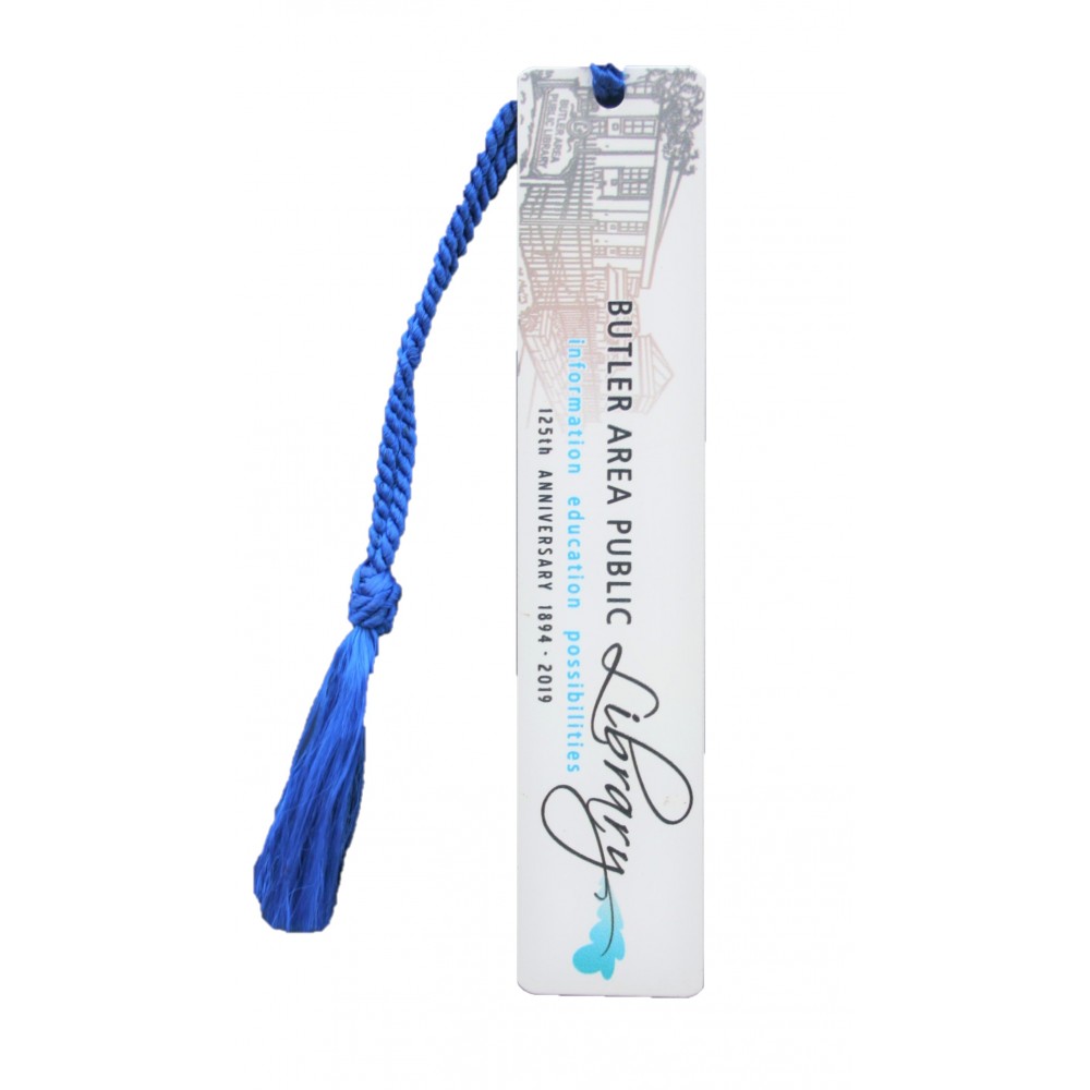 Custom Printed Aluminum 1" x 4 7/8" Bookmark with a Full Color sublimated imprint and assembled tassel. Made in USA