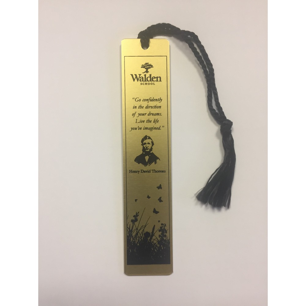 Gold Aluminum 1" x 4 7/8" Bookmark w/ a Screen Printed imprint and assembled tassel. Made in USA Logo Branded Gold Aluminum 1" x 4 7/8" Bookmark w/ a Screen Printed imprint and assembled tassel. Made in USA Logo Branded