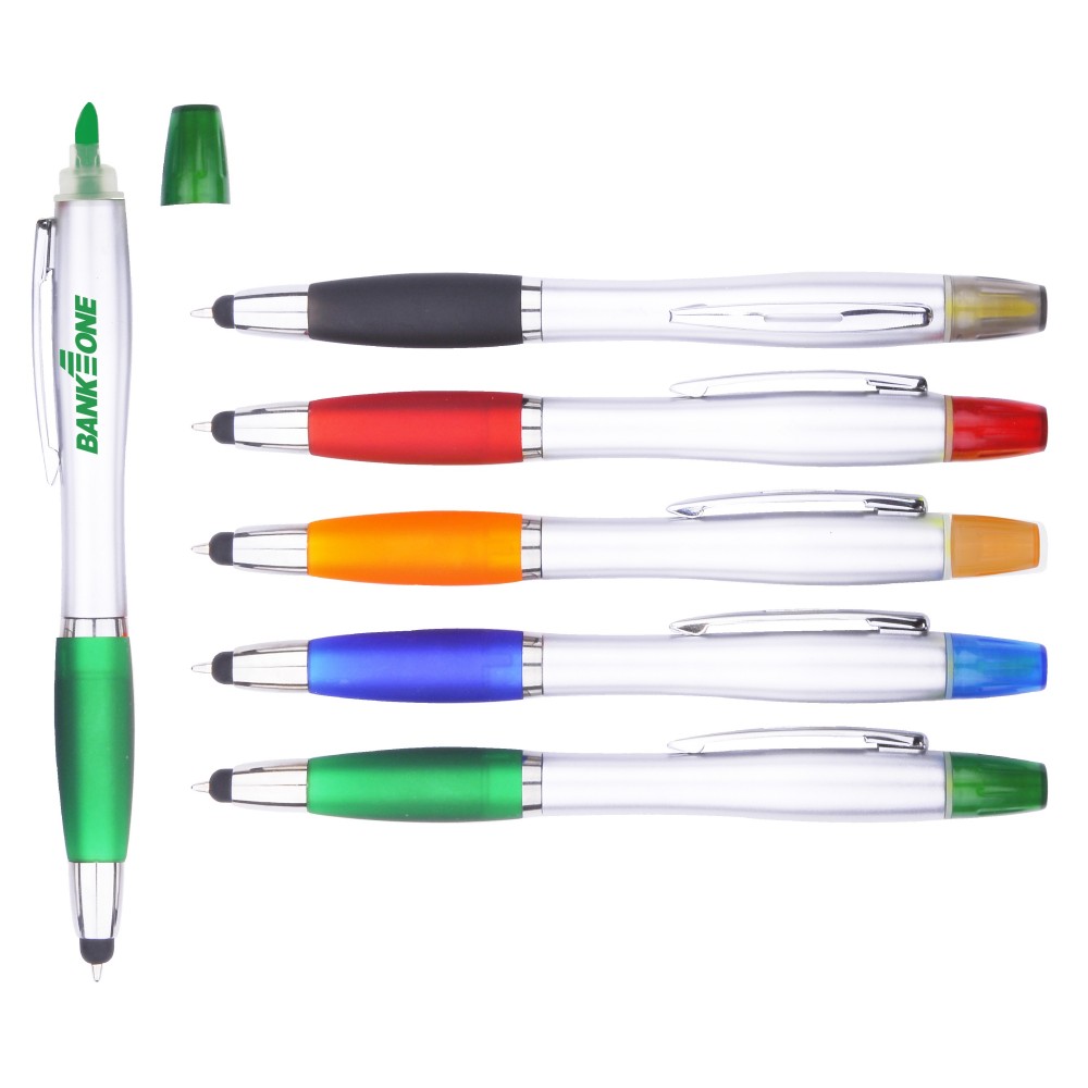 Logo Branded 3-in-1 Ballpoint Stylus Pen with Highlighter Marker