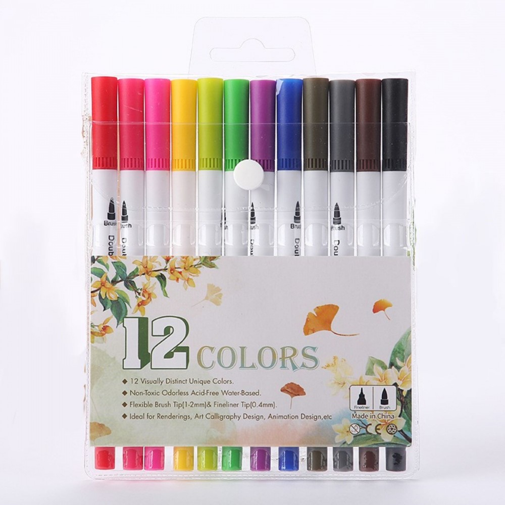 12 Watercolor Dual Tip Marker Brush Pen with Fine Liner Custom Imprinted