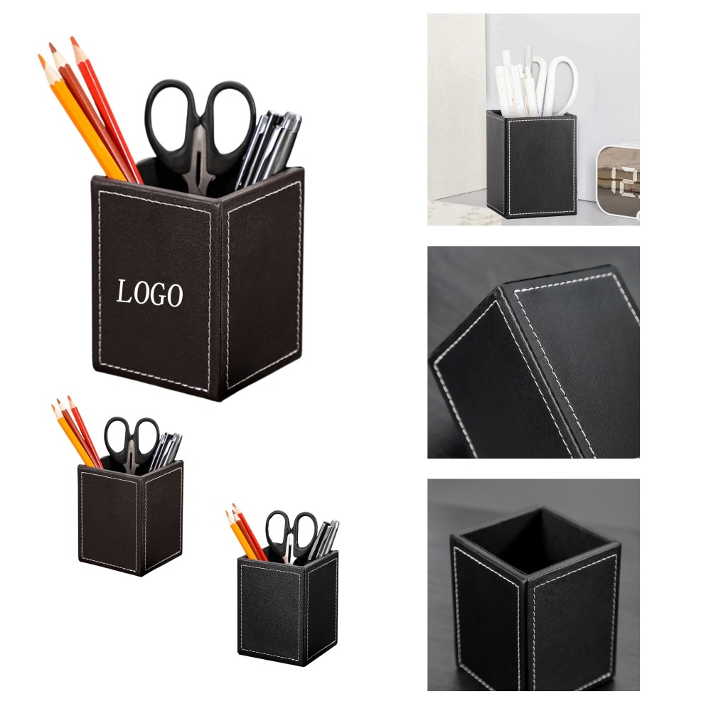 Custom Imprinted Leather Square Desktop Pen Holder