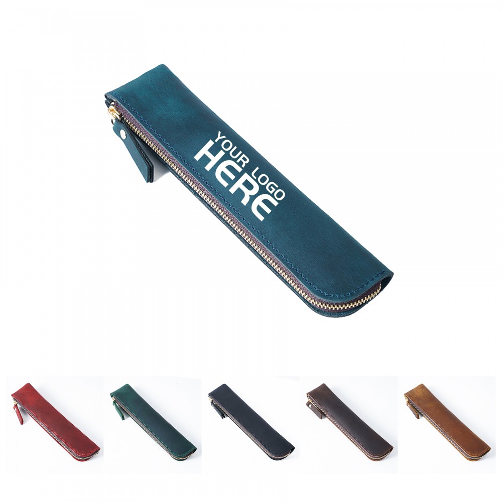 Logo Branded Retro Genuine Leather Pencil Case