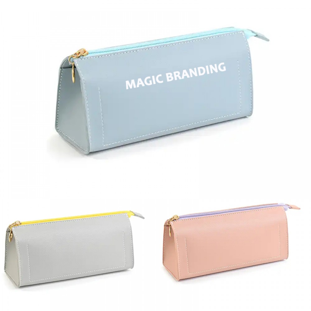 Custom Printed Pu Leather Large Capacity Zippered Pen Cases