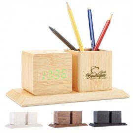Promotional Voice-Activated LED Pen Holder Clock - Wooden Desktop Organizer  Promotional Voice-Activated LED Pen Holder Clock - Wooden Desktop Organizer