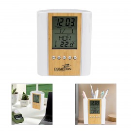 Logo Branded LCD Digital Alarm Clock Desk Pen Holder