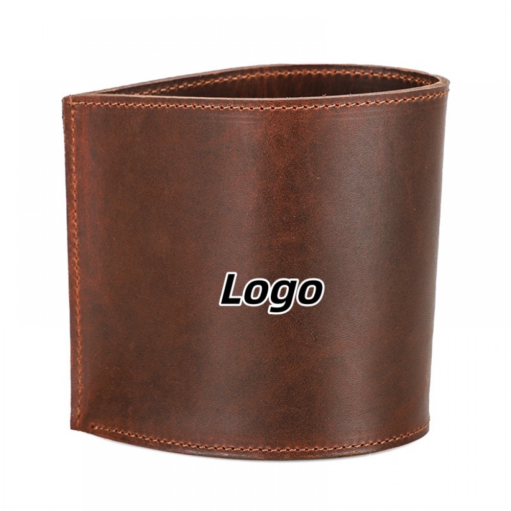 Logo Branded Round Genuine Leather Desk Pen Holder Handcrafted Style