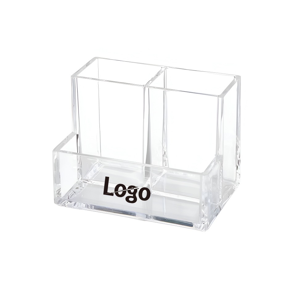 Logo Branded Crystal Clear Acrylic Desk Organizer Caddy - 3 Compartment Pen & Makeup Brush Holder