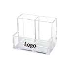 Logo Branded Crystal Clear Acrylic Desk Organizer Caddy - 3 Compartment Pen & Makeup Brush Holder