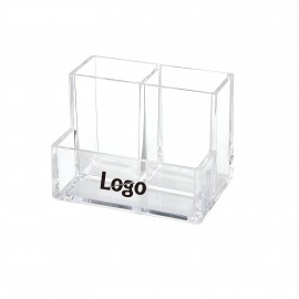 Logo Branded Crystal Clear Acrylic Desk Organizer Caddy - 3 Compartment Pen & Makeup Brush Holder