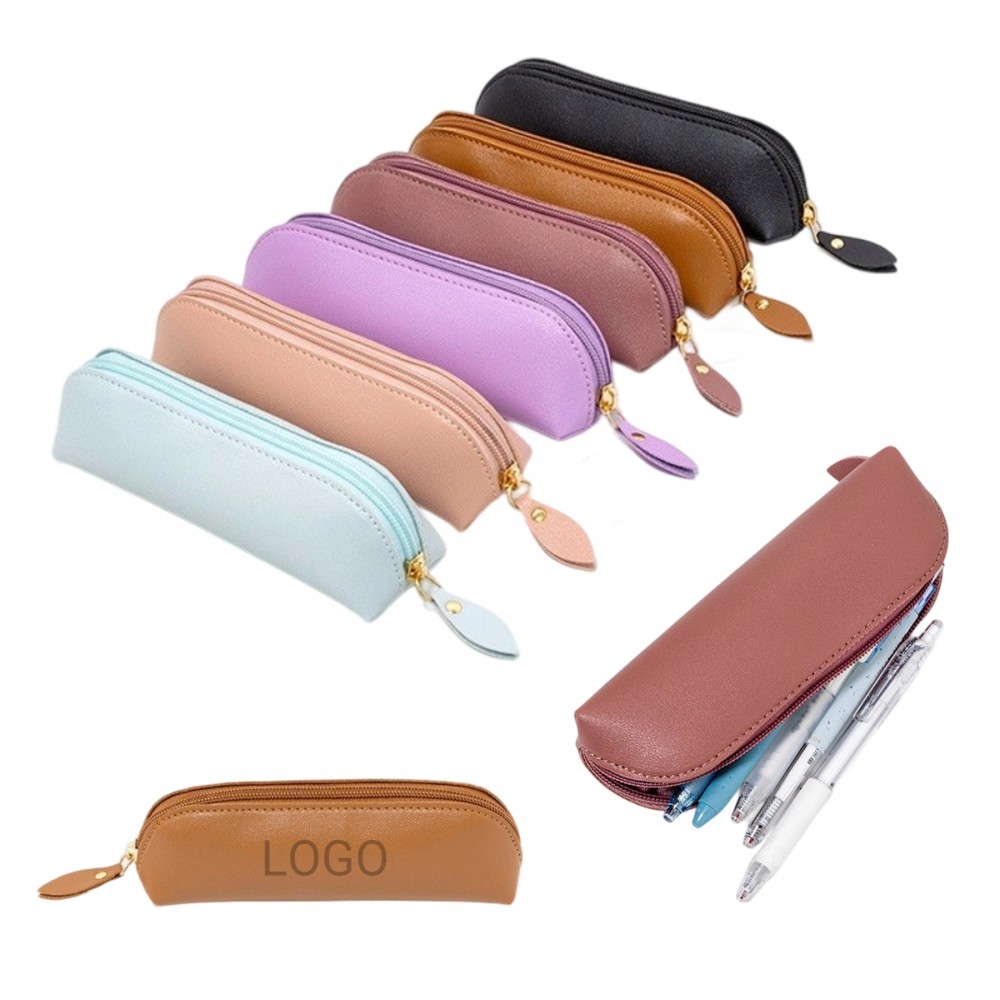 Logo Branded Large-Capacity Leather Zipper Pencil Case