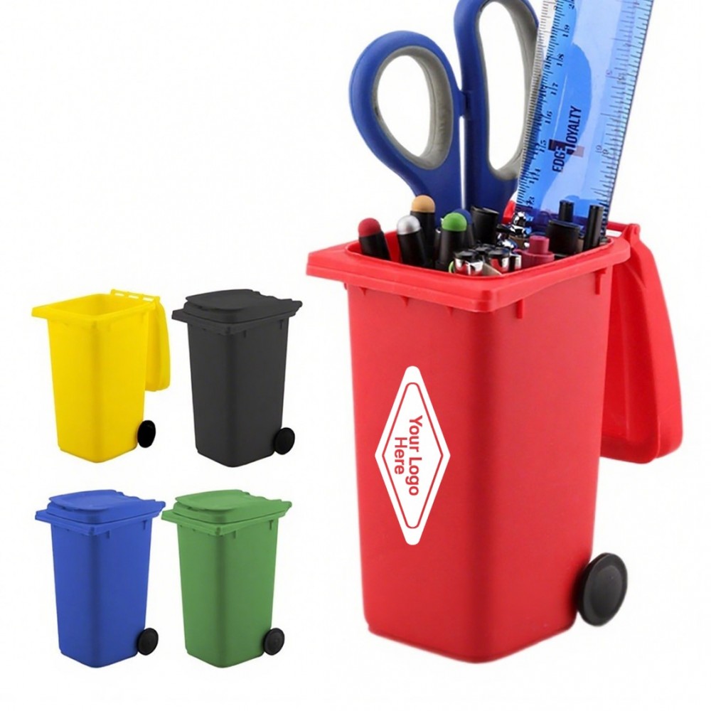 Logo Branded Mini Plastic Trash Can Pen Holder with Lid