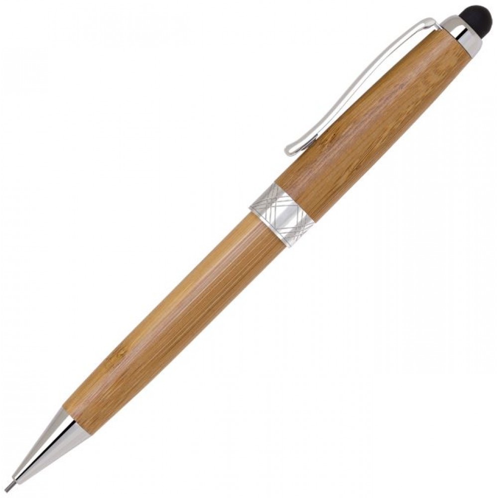Custom Engraved Bamboo Stylus Mechanical Pencil - Chrome trim
