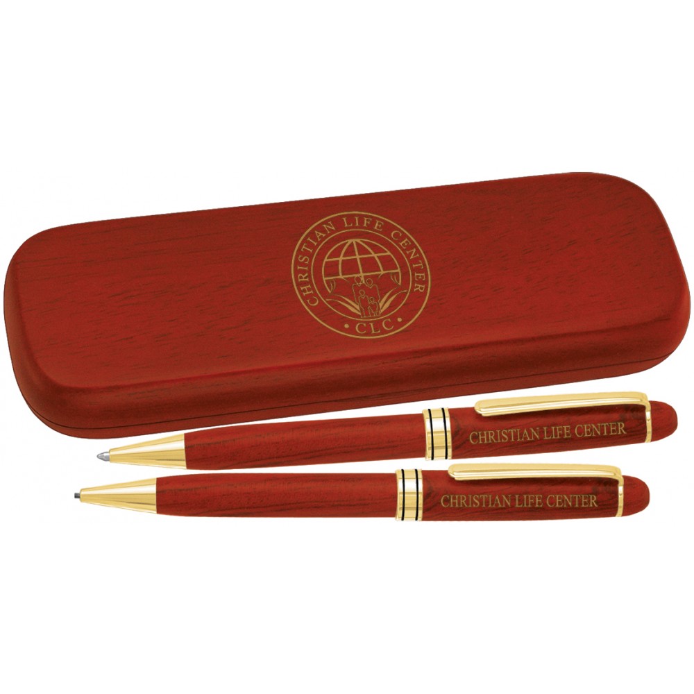 Rosewood Ballpoint Pen / Pencil Set With Box Custom Engraved