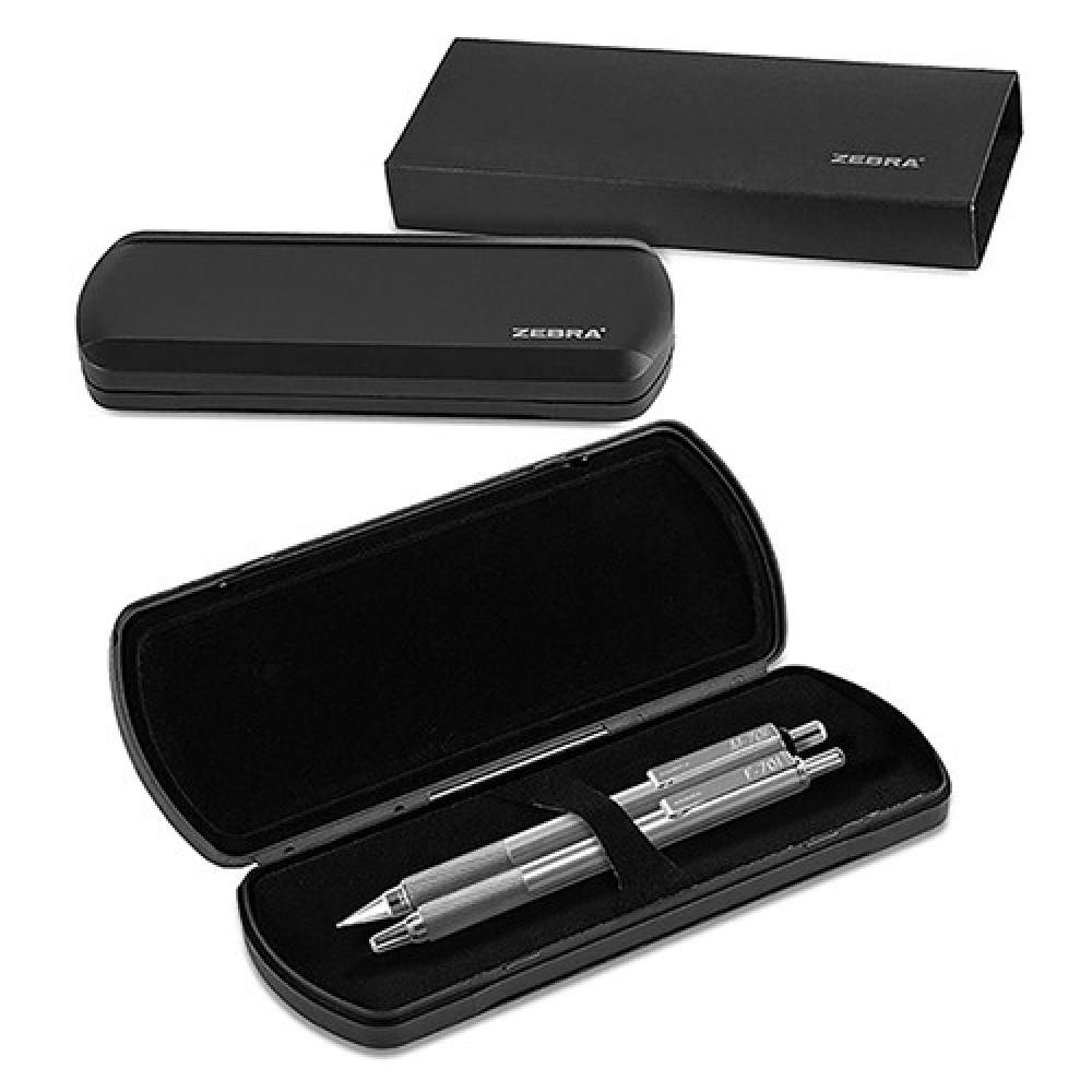 Custom Imprinted Zebra Stainless Steel Retractable Gel Ball Point and Mechanical Pencil Set Gift Boxed