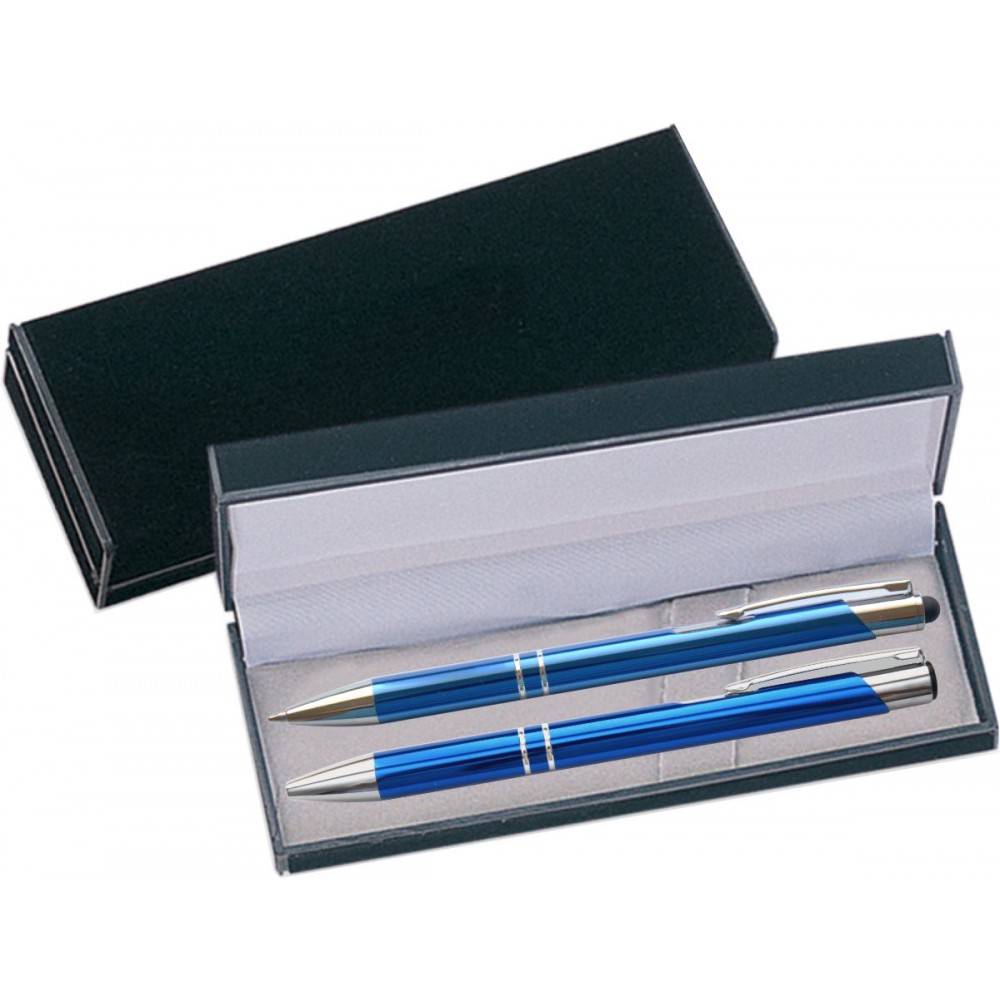 Logo Branded JJ Series Stylus Pen and Pencil Gift Set in Black Velvet Gift Box - blue Logo Branded JJ Series Stylus Pen and Pencil Gift Set in Black Velvet Gift Box - blue