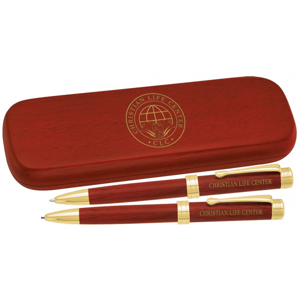 Rosewood Ballpoint Pen / Pencil Set With Wood Box Logo Branded