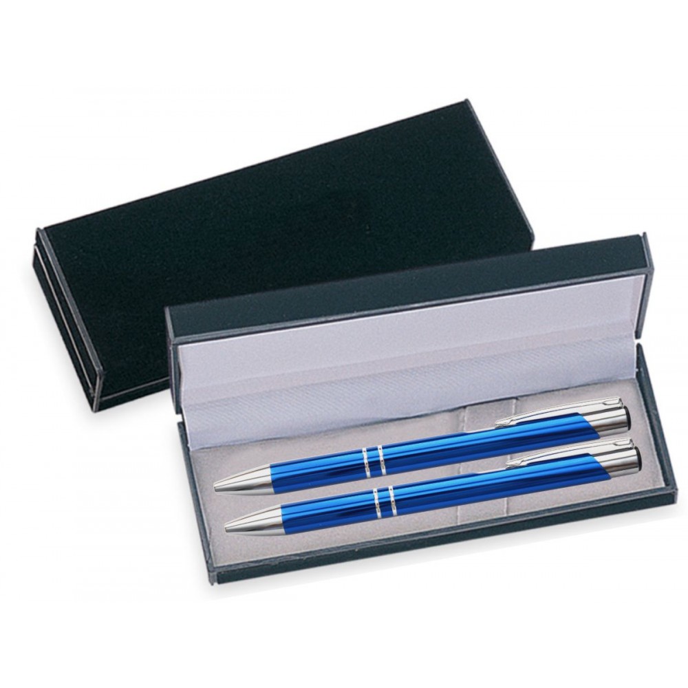 Logo Branded JJ Series Pen and Pencil Gift Set in Black Velvet Gift Box - Blue pen and pencil
