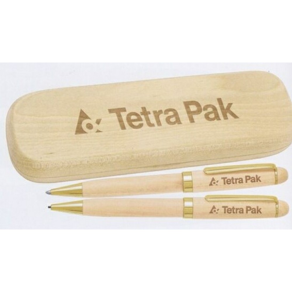 Logo Branded Maplewood Ballpoint Pen / Pencil Set With Box