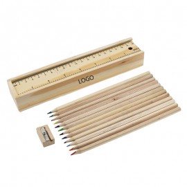 12 Wooden Colored Pencil Box Set w/Ruler & Sharpener with Logo  12 Wooden Colored Pencil Box Set w/Ruler & Sharpener with Logo