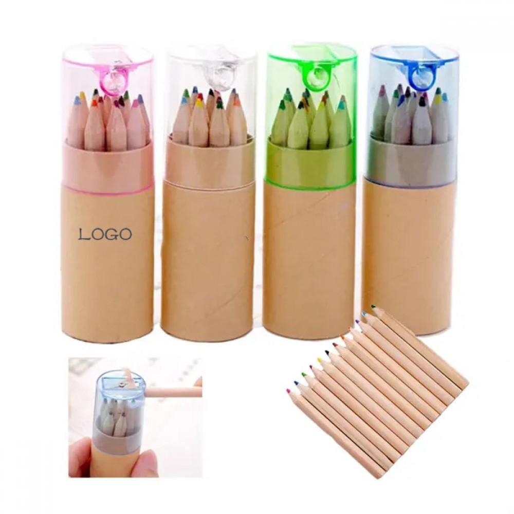 Custom Printed 12 Colored Short Pencil Set With Sharpeners Custom Printed 12 Colored Short Pencil Set With Sharpeners