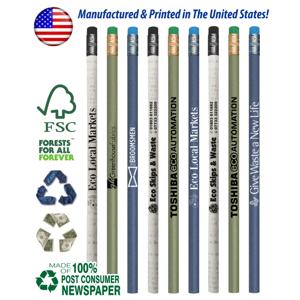 USA Made, Recycled Pencils with Eraser Custom Printed