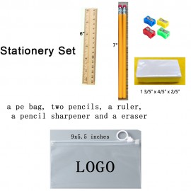 All In One Stationery Set With PE Bag & Pencils & Ruler & Sharpener & Eraser MOQ100pcs with Logo
