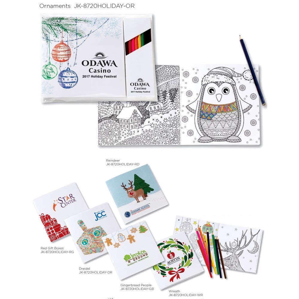 Holiday Theme Deluxe 7" x 7" Adult Coloring Book & 8-Color Pencil Set Custom Printed Holiday Theme Deluxe 7" x 7" Adult Coloring Book & 8-Color Pencil Set Custom Printed