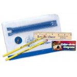 Logo Branded Clear Translucent Pouch School Kit w/ 2 Pencils, 6" Ruler, Crayon, Sharpener