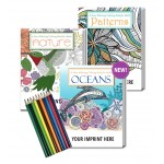 Gift Pack - 3 Stress Relieving Coloring Books for Adults + 10-Pack of Colored Pencils Logo Branded