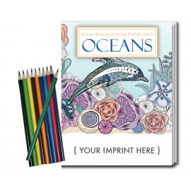 Custom Imprinted Relax Pack - Oceans Coloring Book for Adults + Colored Pencils