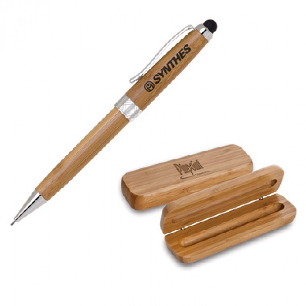 Eco Friendly Bamboo Pencil Set w/ Black & Silver Trim Pen Custom Imprinted Eco Friendly Bamboo Pencil Set w/ Black & Silver Trim Pen Custom Imprinted