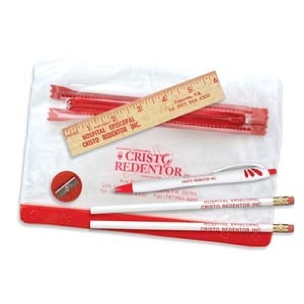 Clear Translucent Pouch School Kit w/ 2 Pencils, 6" Ruler, Pen & Sharpener (Spot Color) Custom Printed