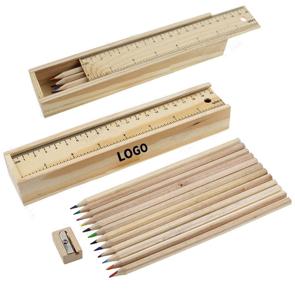 Custom Printed 12 Color Pencil Ruler Sharpener Set W/ Wooden Box