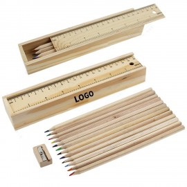 Custom Printed 12 Color Pencil Ruler Sharpener Set W/ Wooden Box
