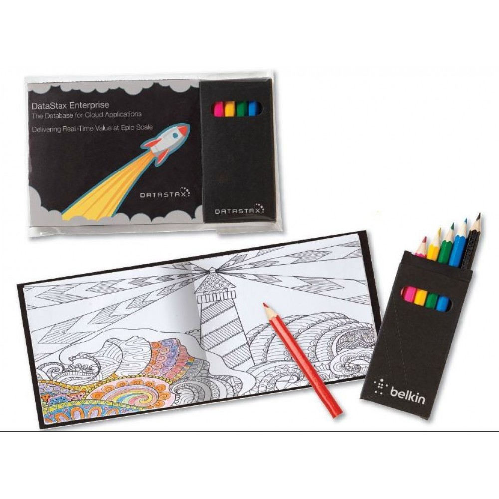 Custom Black Cover Adult Coloring Book & 6-Color Pencil Set To-Go Logo Branded Custom Black Cover Adult Coloring Book & 6-Color Pencil Set To-Go Logo Branded