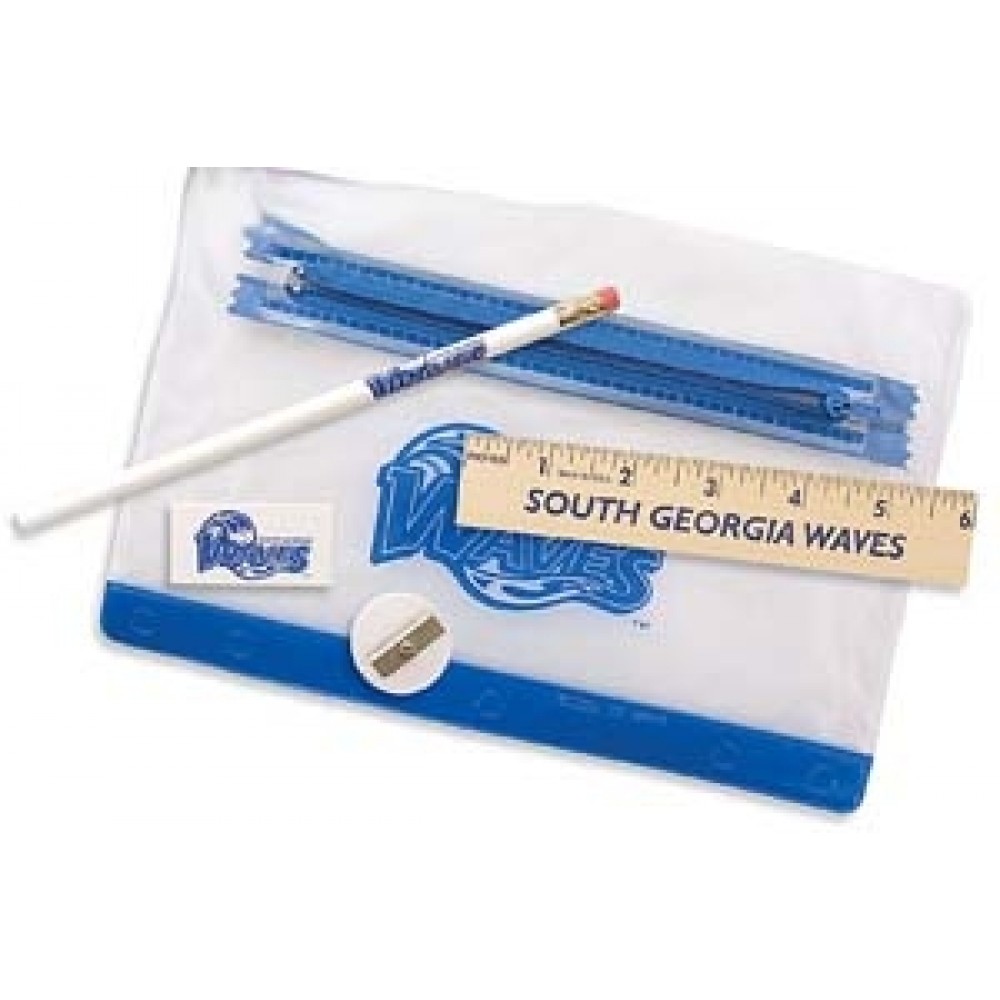 Custom Imprinted Clear Translucent Pouch School Kit w/ Pencil, 6" Ruler, Eraser & Sharpener