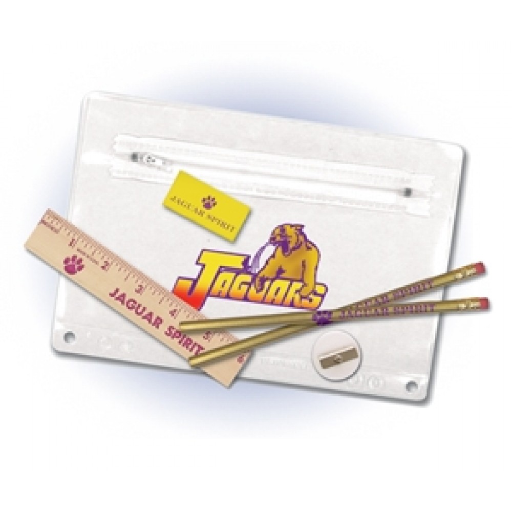 Custom Printed Premium Translucent School Kit w/ 2 Pencils, 6" Ruler, Eraser & Sharpener (Full Color Digital)