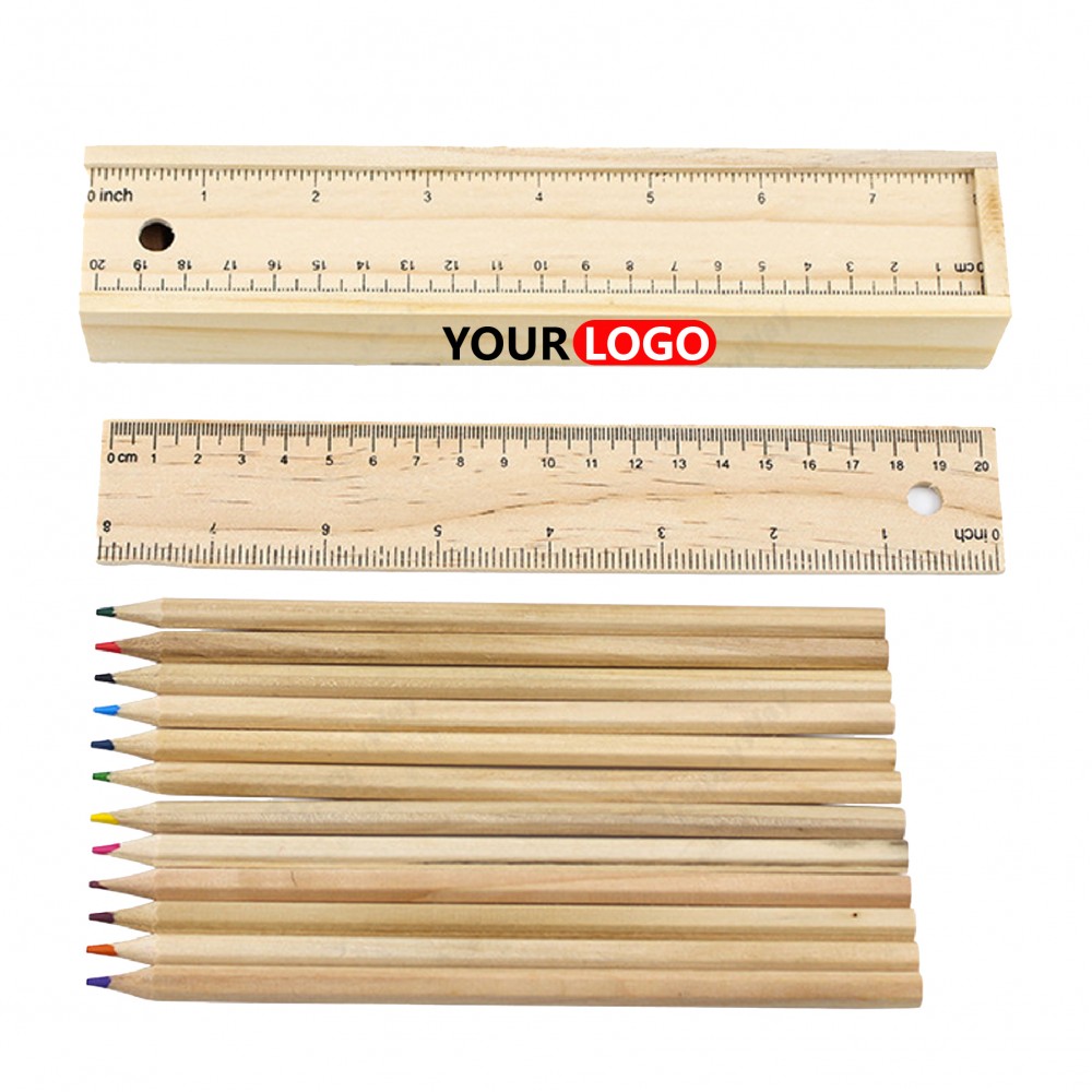 Wooden 12 Colors Pencil Ruler case Set Logo Branded