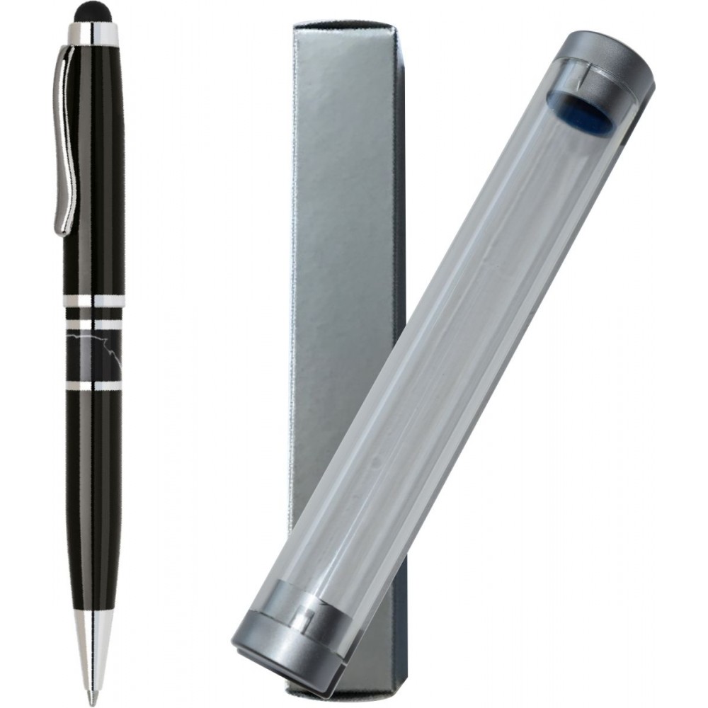 Logo Branded Vienna Series -Marble Ring, Stylus Ball Point Pen- black pen barrel with black marble ring accent