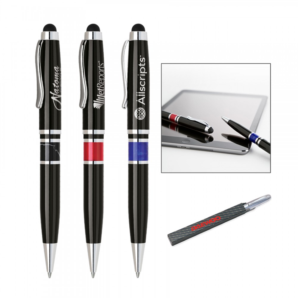 Logo Branded Lacquered Brass twist ballpoint pen with touchscreen stylus