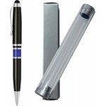 Custom Imprinted Vienna Series -Marble Ring, Stylus Ball Point Pen- black pen barrel with blue marble ring accent