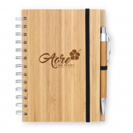Logo Branded Bamboo Wire-bound Notepad w/ Bamboo Pen