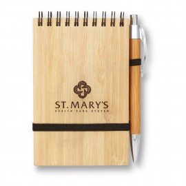 Custom Imprinted Bamboo Wire-bound Notepad w/ Bamboo Pen