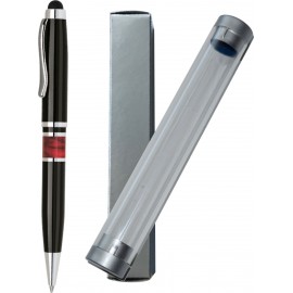 Custom Engraved Vienna Series -Marble Ring, Stylus Ball Point Pen- black pen barrel with red marble ring accent