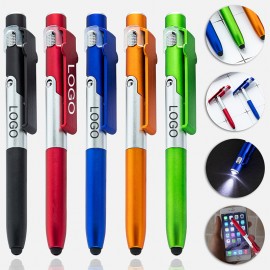 4-in-1 Plastic Matte Finish Ballpoint Pen w/LED Light & Phone Stand & Stylus Logo Branded