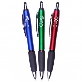 Logo Branded Matte Barrel Ballpoint Click Pen With Stylus And Rubber Grip