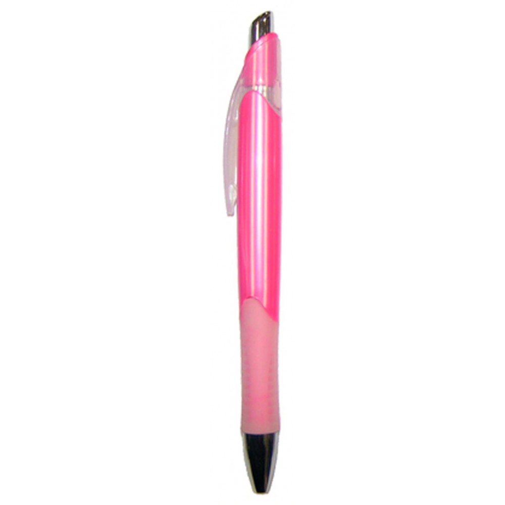 Ball Point Pen, Pink - Clear Clip and Clear Rubber Grip - Pad Printed Custom Engraved
