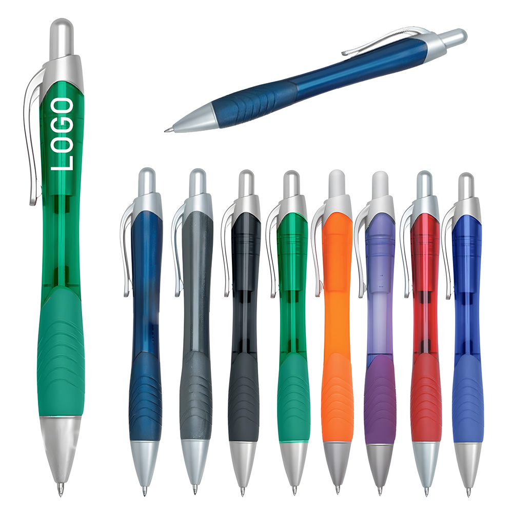 Custom Engraved Translucent Click-Action Gel Ink Ballpoint Pen w/Contoured Rubber Grip & Thick Barrel