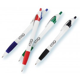 Logo Branded White Barrel European Design Ballpoint Pen w/ Rubber Grip
