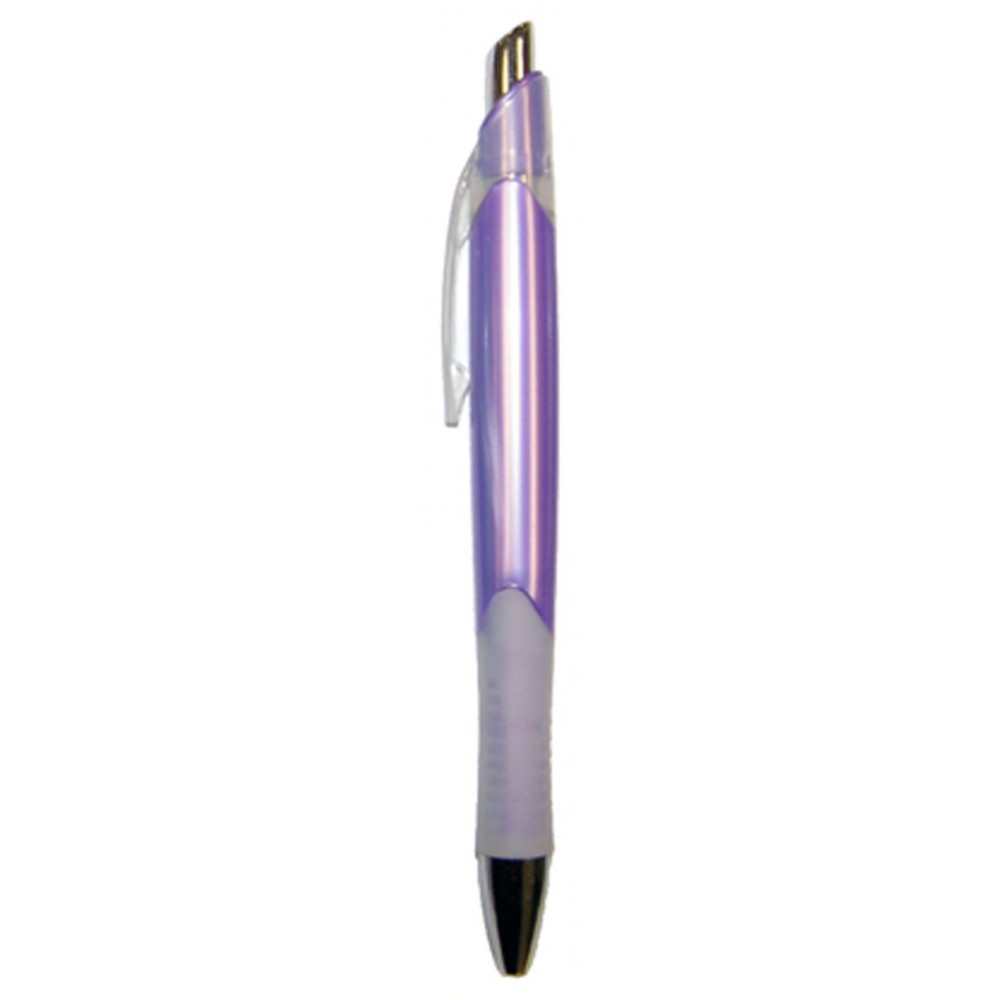 Custom Engraved Ball Point Pen, Purple - Clear Pocket Clip - Clear Rubber Grip - Pad Printed